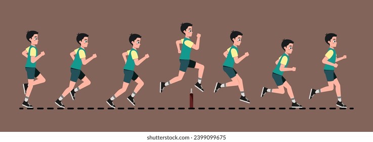 Animation frames of Running man. Sprites sheet for animating moving teenage boy doing athletics. Sports and active lifestyle. Cartoon flat vector illustration set isolated on brown background