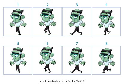 Animation of a funny cartoon monster character in 8 frames in loop. Isolated vector elements