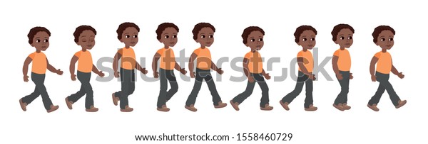 小さなアフリカ系アメリカ人の男の子の歩き方のアニメーション かわいい黒いキャラクター 歩行サイクル 2dカートーンスタイル のベクター画像素材 ロイヤリティフリー