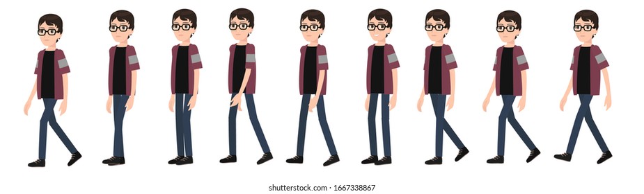 Animation of the gait of a male character. Schoolboy, student or freelancer in cartoon style.