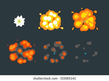 Animation For Game, Cartoon Explosion In The Air. 6 Frame Sprite Sheet On Dark Background.