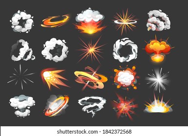 Animation for game comic explosion effect frames. Energy explosion, flame smoke cloud, motion blast effects, steam clouds, puff, mist, fog, water vapor, fire, comic power explosions cartoon vector