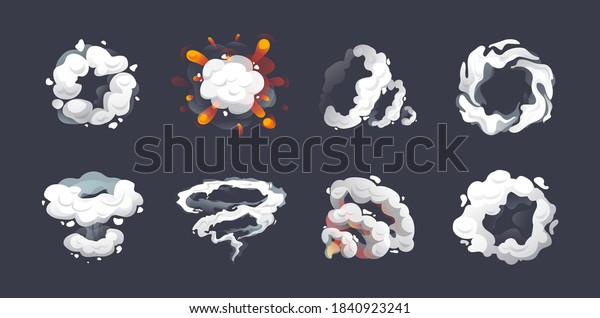 Animation for game comic explosion effect\
frames. Energy explosion, flame smoke cloud, energy blast with\
smoke, steam clouds, puff, mist, fog, watery vapour, dust explosion\
cartoon vector\
isolated.