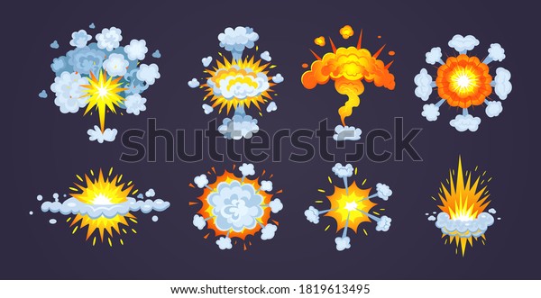 Animation for game of explosion effect. Frame\
comic animation with effect of fun explosion, divided into separate\
scenes framed artwork. Fire smoke, burning with elements flame,\
particles vector