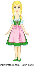 Animation girl in ancient Bavarian dress . The vector illustration isolated on a white background.