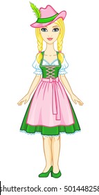 Animation girl in ancient Bavarian dress and a hat.  The vector illustration isolated on a white background.