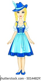 Animation girl in ancient Bavarian dress and a hat.  The vector illustration isolated on a white background.