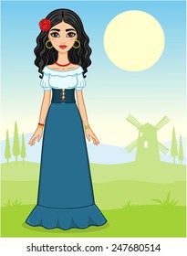 Animation girl in an ancient dress on a  green valley background with a mill.