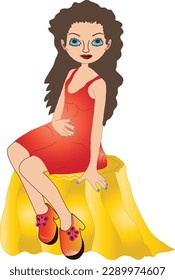 Animación de una chica sentada en una mesa con un vestido rojo