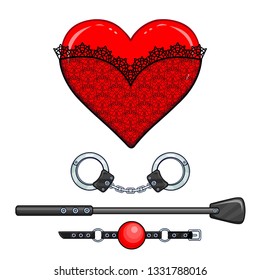 Corazón de animación en ropa de encaje. Conjunto de juguetes eróticos: esposas, pila, bolas gag. Plantilla de contenido erótico. Ilustración vectorial aislada en un fondo blanco. Impresión, cartel, camiseta, tarjeta. 