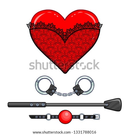 Animation heart in lacy clothes. Set of erotic toys: handcuffs, stack, ball gag. Template for erotic content. Vector illustration isolated on a white background. Print, poster, t-shirt, card. 