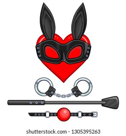 Animation heart in a mask of a rabbit. Set of erotic toys: handcuffs, stack, ball gag. Vector illustration isolated on a white background. Valentine's Day card.