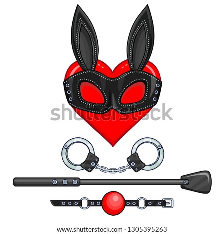 Animation heart in a mask of a rabbit. Set of erotic toys: handcuffs, stack, ball gag. Vector illustration isolated on a white background. Valentine's Day card.