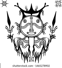 Animation image of ancient pagan deity. God of a rain and thunder.The drawing on a stone a menhir.
Solar symbols. The vector illustration isolated on a white background. 
Print, poster, t-shirt, card.