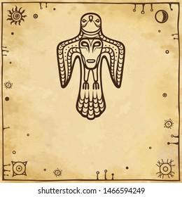 Animation image of ancient pagan deity. 
Bird y with a human face on a breast. God, idol, totem.  Background - imitation of old paper. Vector illustration. Print, poster, card