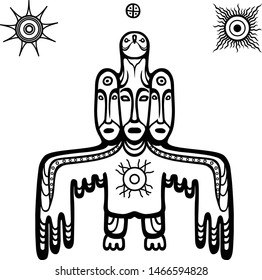 Animation image of ancient pagan deity. 
God, idol, totem. Bird with three human faces. Solar symbols. Vector illustration isolated on a white background. 
Print, poster, t-shirt, card.