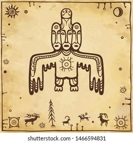 Animation image of ancient pagan deity. 
God, idol, totem. Bird with three human faces. Symbols of wild animals, sun, wood.Background - imitation of old paper. Vector illustration. Print, poster, card