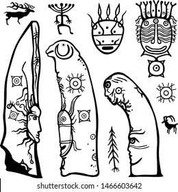 Animation image of ancient pagan deity. Stone steles. Drawing on a stone a menhir. Set of petroglyphs,mystical symbols.Vector illustration isolated on a white background. Print, poster, t-shirt, card.