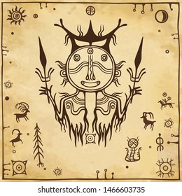 Animation image of ancient pagan deity. God of a rain and thunder. Rock painting. Symbols of wild animals, sun, wood. Background - imitation of old paper. Vector illustration. Print, poster, card.