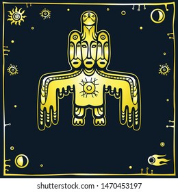 Animation image of ancient pagan deity. Bird with three human faces. God, idol, totem, icon. Space symbols. Imitation of gold on a black background. Vector illustration. Print, poster, card