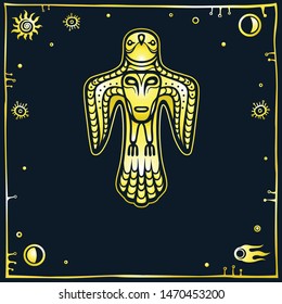 Animation image of ancient pagan deity. 
Bird y with a human face on a breast. God, idol, totem, icon. Space symbols. Imitation of gold on a black background. Vector illustration. Print, poster, card