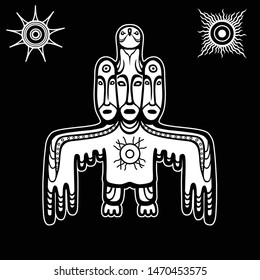  Animation image of ancient pagan deity. 
God, idol, totem. Bird with three human faces. Solar symbol. White vector illustration isolated on a black background.
Print, poster, t-shirt, card.