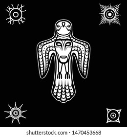 Animation image of ancient pagan deity. 
Bird y with a human face on a breast. God, idol, totem. Solar symbol. White vector illustration isolated on a black background.
Print, poster, t-shirt, card.