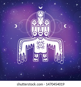 Animation image of ancient pagan deity. 
God, idol, totem. Bird with three human faces. Symbol of the moon. Background - the night star sky, space. Vector illustration. Print, poster, card