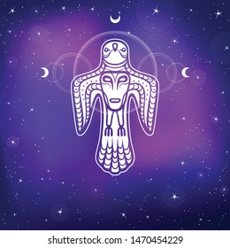 Animation image of ancient pagan deity. 
Bird y with a human face on a breast. God, idol, totem. Symbol of the moon. A background - the night star sky, space. Vector illustration. Print, poster, card