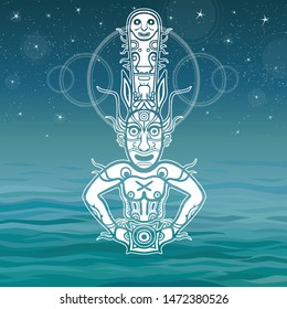Animation image of ancient pagan deity. God, idol, icon, totem. Element of rock painting. Background - night star sky, sea waves. Vector illustration. Print, poster, card