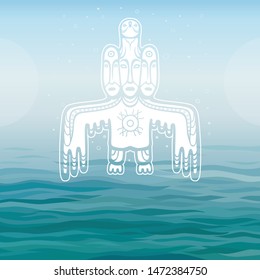 Animation image of ancient pagan deity. Bird with three human faces. God, idol, icon, totem. Background - blue sky, sea waves, place for the text. Vector illustration. Print, poster, card