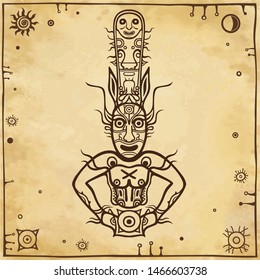 Animation image of ancient pagan god. Rock painting. Solar symbols. Background - imitation of old paper. Vector illustration. Print, poster, t-shirt, card.