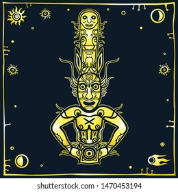 Animation image of ancient pagan god. Drawing of rock painting. Deity, idol, icon, totem. Space symbols. Imitation of gold on a black background. Vector illustration. Print, poster, card