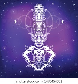 Animation image of ancient pagan god. Drawing of rock painting. Deity, idol, icon, totem. Symbol of the moon. A background - the night star sky, space. Vector illustration. Print, poster, card