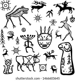 Animation image of ancient rock paintings. Drawing on a stone a menhir. Set of petroglyphs,mystical symbols, animals, people and gods.Vector illustration isolated on a white background.