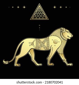  Animation image of an Egyptian lion. View profile. Symbol of pyramid, stars. Imitation of gold. Vector illustration isolated on a black background.