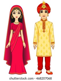 Animation Indian family. Full growth. The vector illustration isolated on a white background.