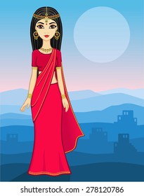 Animation Indian girl in a traditional clothes on a mountains background. Full growth.