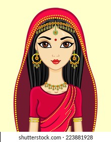 Animation Indian princess in a traditional suit and gold jewelry, isolated.