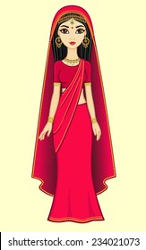 Animation Indian princess in a traditional suit and gold jewelry, isolated, high growth.