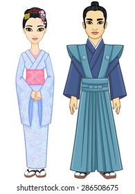Animation Japanese couple: the man and the woman in ancient clothes. Full growth. Isolated on a white background.