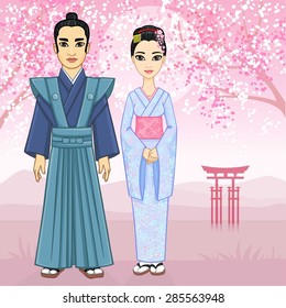 Animation Japanese family in ancient clothes. A background - a mountain landscape, the blossoming Oriental cherry. Full growth.
