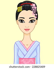 Animation Japanese girl in traditional clothes, isolated.