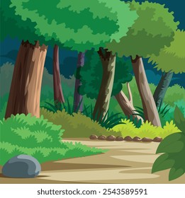 animação selva noite cena eps clipart árvore arbustos fundo grama