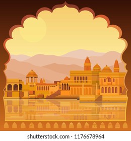 Animation landscape: the ancient Indian city: temples, palaces, dwellings, river bank. Look through a doorway. Vector illustration.