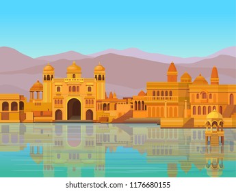 Animation landscape: the ancient Indian city: temples, palaces, dwellings, river bank. Vector illustration.