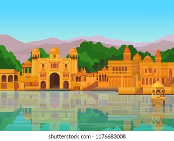 Animation landscape: the ancient Indian city: temples, palaces, dwellings, river bank. Vector illustration.