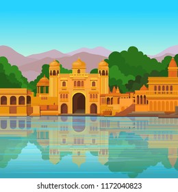 Animation landscape: the ancient Indian palace on the river bank. Vector illustration.