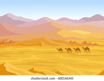 Animation landscape: desert, caravan of camels. Vector illustration.