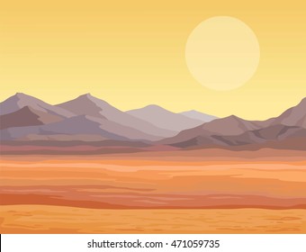 Animation landscape of the desert. The lifeless heated sand, mountains. Vector illustration, the place for the text.